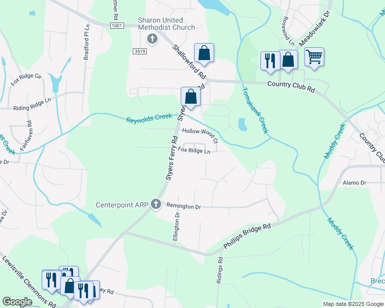 map of restaurants, bars, coffee shops, grocery stores, and more near 5922 Fox Ridge Lane in Winston-Salem