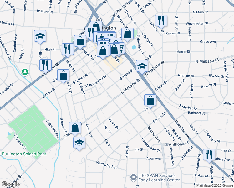 map of restaurants, bars, coffee shops, grocery stores, and more near 507 South Mebane Street in Burlington
