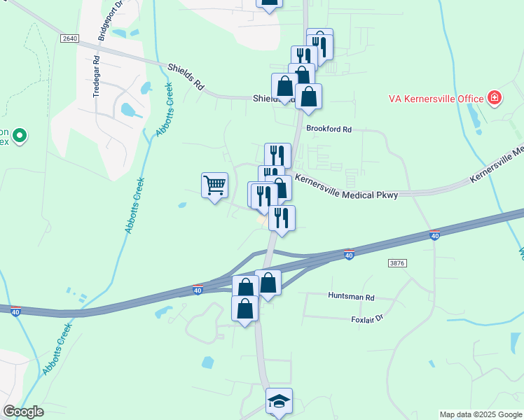 map of restaurants, bars, coffee shops, grocery stores, and more near 87 Clayton Forest Road in Kernersville