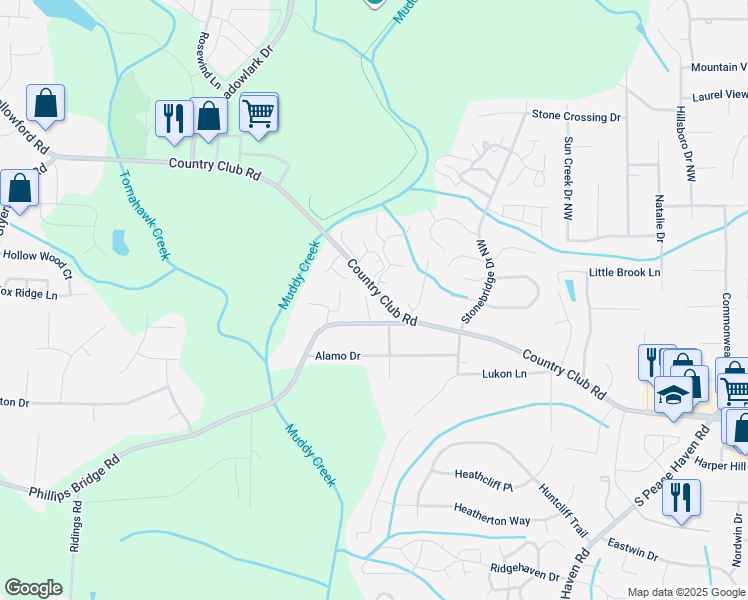 map of restaurants, bars, coffee shops, grocery stores, and more near 203 Driftwood Lane in Winston-Salem