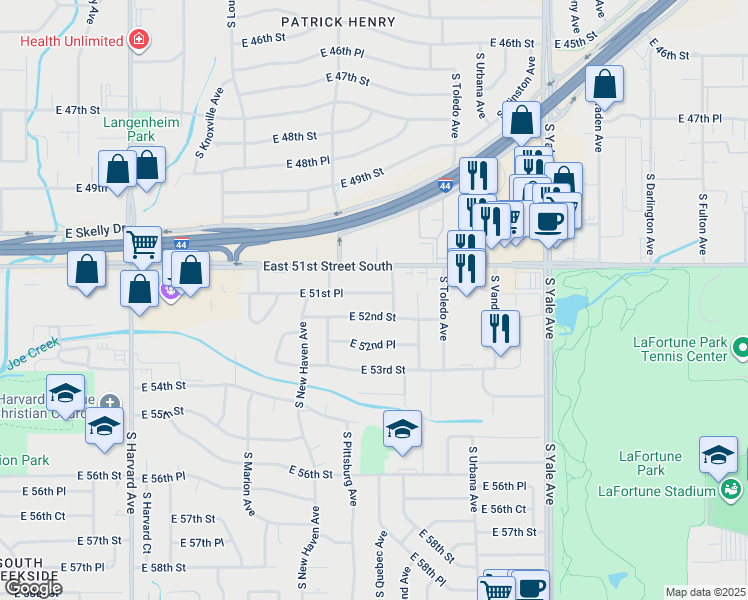 map of restaurants, bars, coffee shops, grocery stores, and more near 4140 East 51st Place in Tulsa