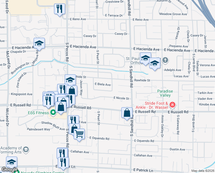 map of restaurants, bars, coffee shops, grocery stores, and more near 3653 East Biela Avenue in Las Vegas