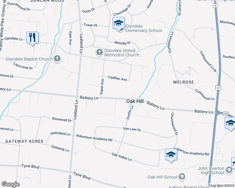 map of restaurants, bars, coffee shops, grocery stores, and more near 908 Battery Lane in Oak Hill