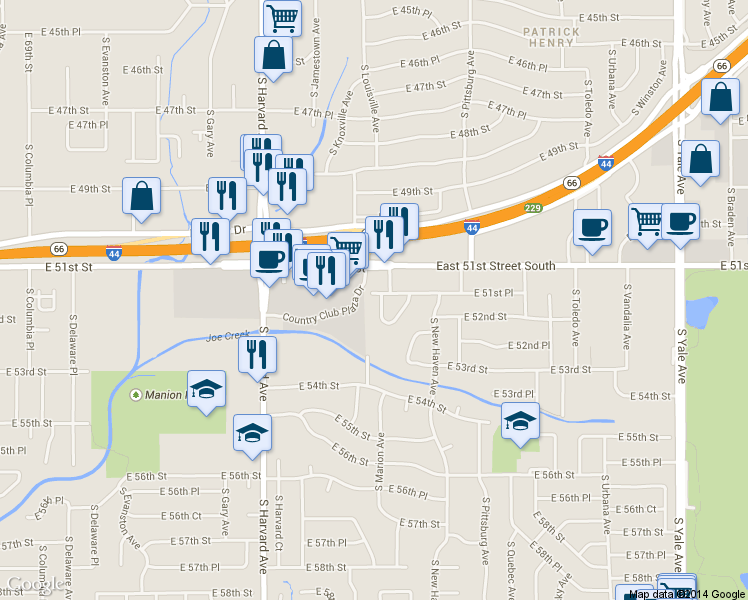map of restaurants, bars, coffee shops, grocery stores, and more near 5140 South Marion Avenue in Tulsa