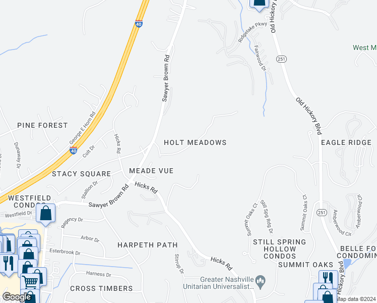 map of restaurants, bars, coffee shops, grocery stores, and more near 533 Holt Valley Road in Nashville