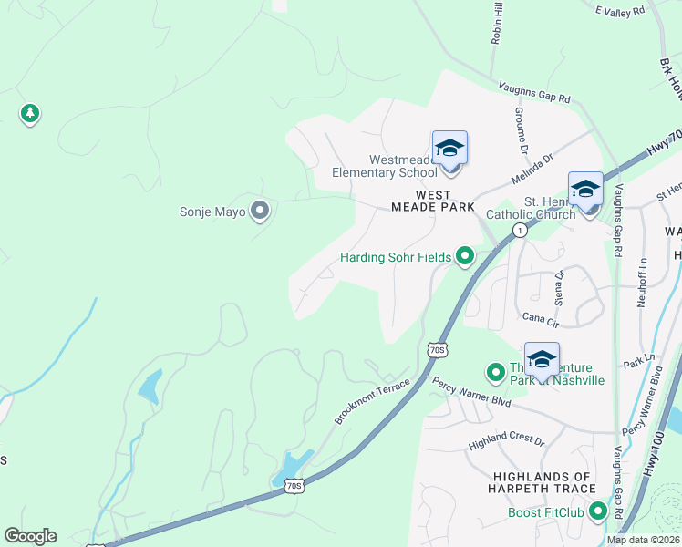 map of restaurants, bars, coffee shops, grocery stores, and more near 6613 Ellesmere Road in Nashville