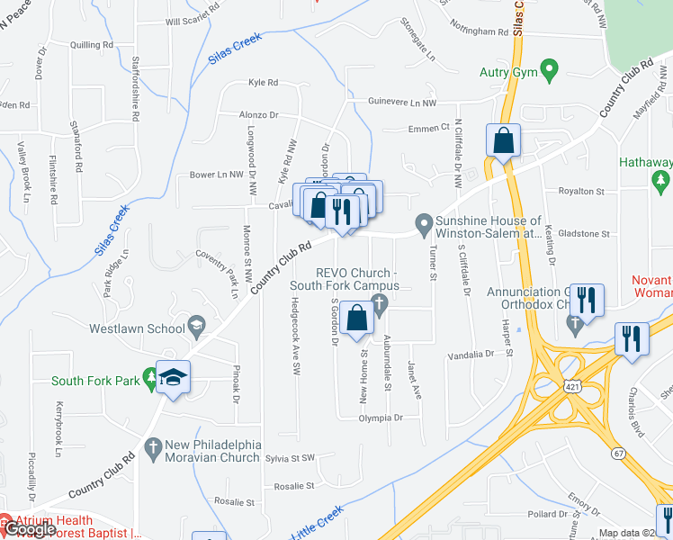 map of restaurants, bars, coffee shops, grocery stores, and more near 129 Gordon Drive South in Winston-Salem