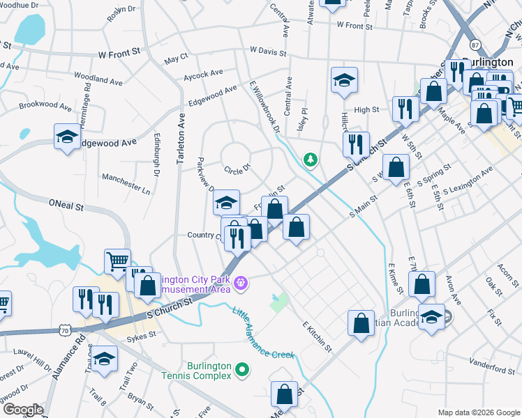map of restaurants, bars, coffee shops, grocery stores, and more near 306 Glenwood Avenue in Burlington