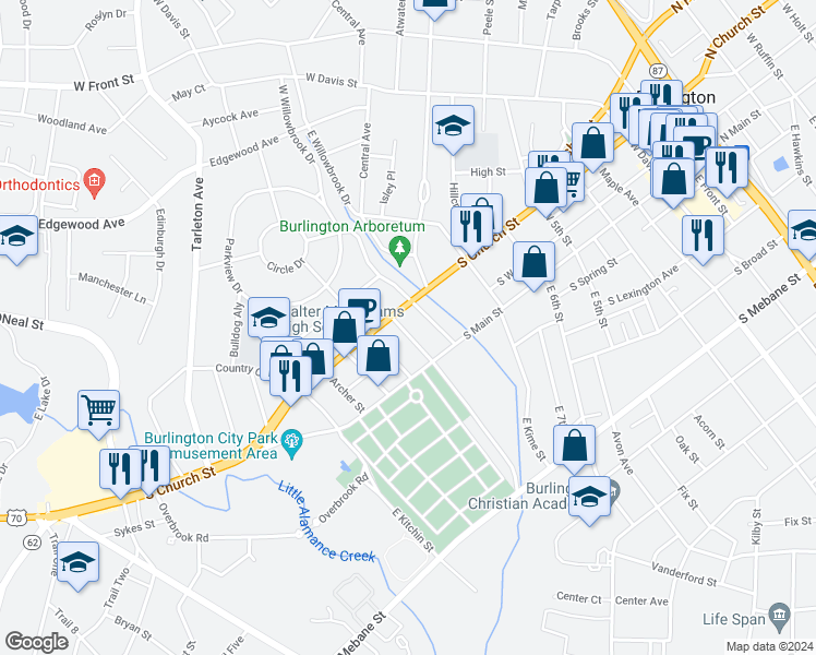 map of restaurants, bars, coffee shops, grocery stores, and more near 127 West Summit Avenue in Burlington