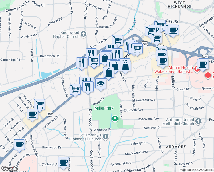 map of restaurants, bars, coffee shops, grocery stores, and more near 2523 Miller Park Circle in Winston-Salem