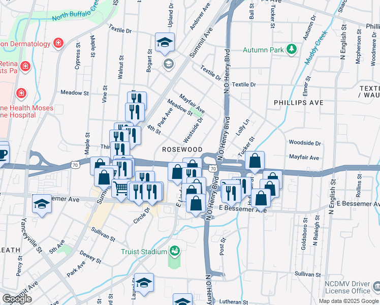 map of restaurants, bars, coffee shops, grocery stores, and more near 1123 East Lindsay Street in Greensboro