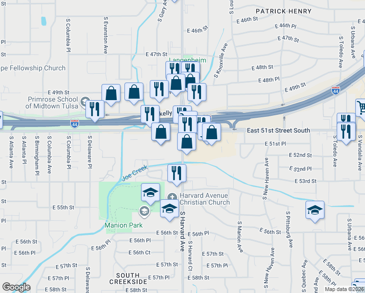 map of restaurants, bars, coffee shops, grocery stores, and more near 5129 South Harvard Avenue in Tulsa