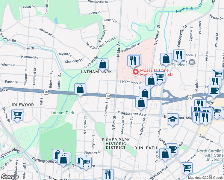 map of restaurants, bars, coffee shops, grocery stores, and more near 1101 North Elm Street in Greensboro