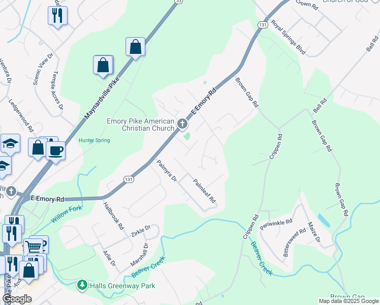 map of restaurants, bars, coffee shops, grocery stores, and more near 4810 Spring Garden Way in Knoxville