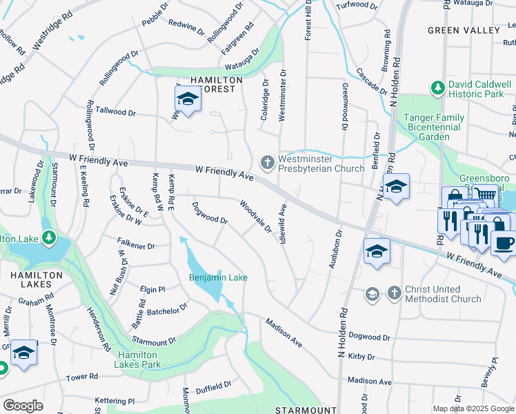 map of restaurants, bars, coffee shops, grocery stores, and more near 534 Woodvale Drive in Greensboro