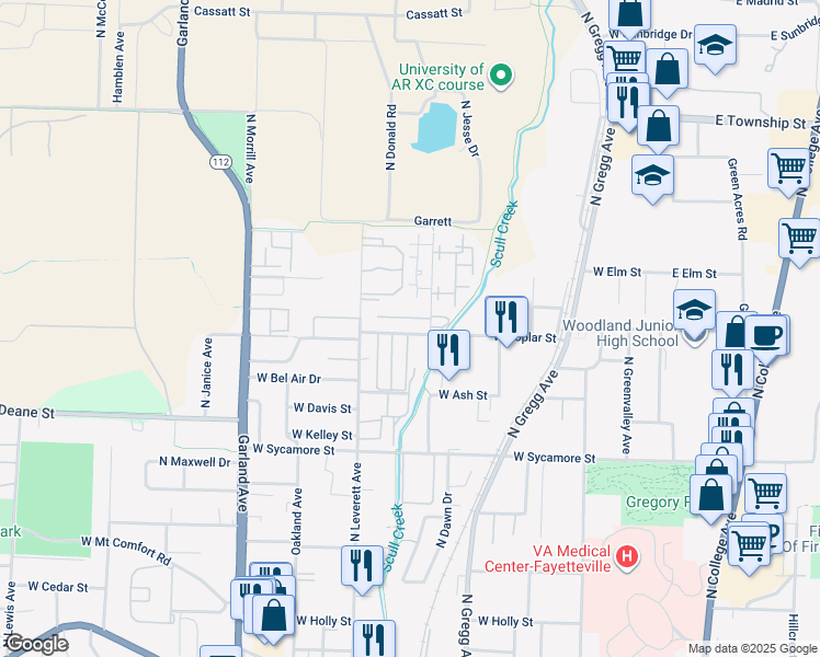 map of restaurants, bars, coffee shops, grocery stores, and more near 730 West Poplar Street in Fayetteville