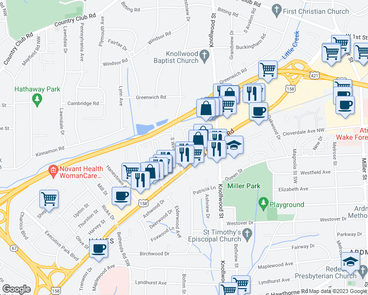 map of restaurants, bars, coffee shops, grocery stores, and more near 538 Walter Court in Winston-Salem