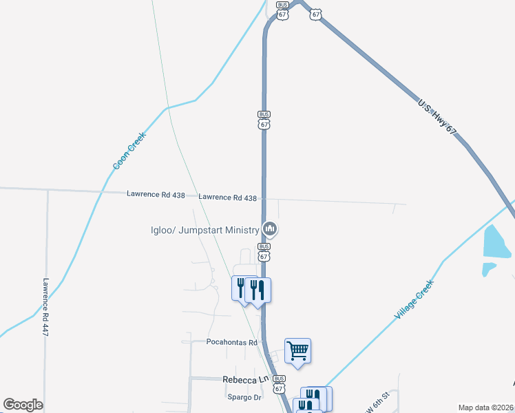 map of restaurants, bars, coffee shops, grocery stores, and more near 3285 Highway 67b in Walnut Ridge
