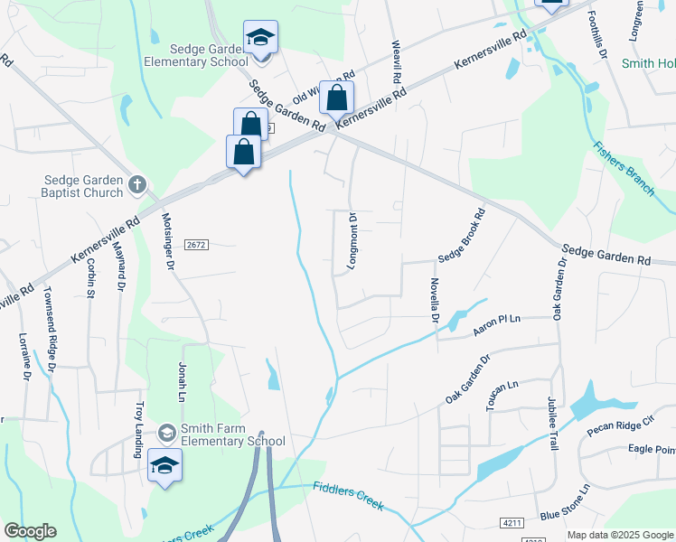 map of restaurants, bars, coffee shops, grocery stores, and more near 2002 Longmont Drive Southeast in Kernersville