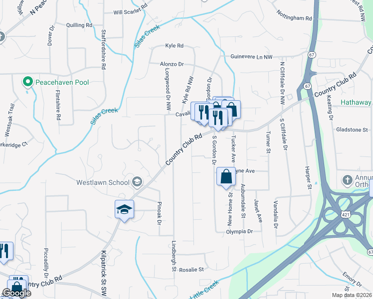 map of restaurants, bars, coffee shops, grocery stores, and more near 4112 Country Club Road in Winston-Salem