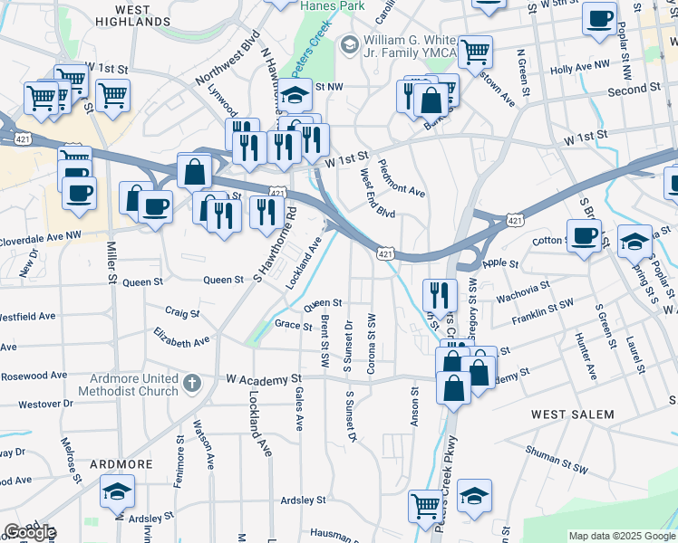 map of restaurants, bars, coffee shops, grocery stores, and more near 268 South Sunset Drive in Winston-Salem