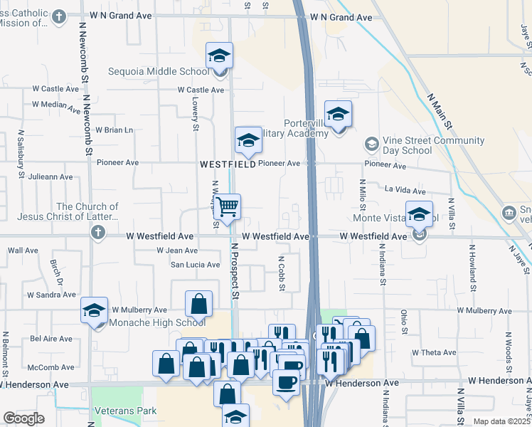 map of restaurants, bars, coffee shops, grocery stores, and more near 1131 West Glenn Court in Porterville