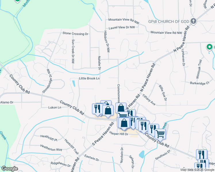 map of restaurants, bars, coffee shops, grocery stores, and more near 5041 Rushland Drive in Winston-Salem