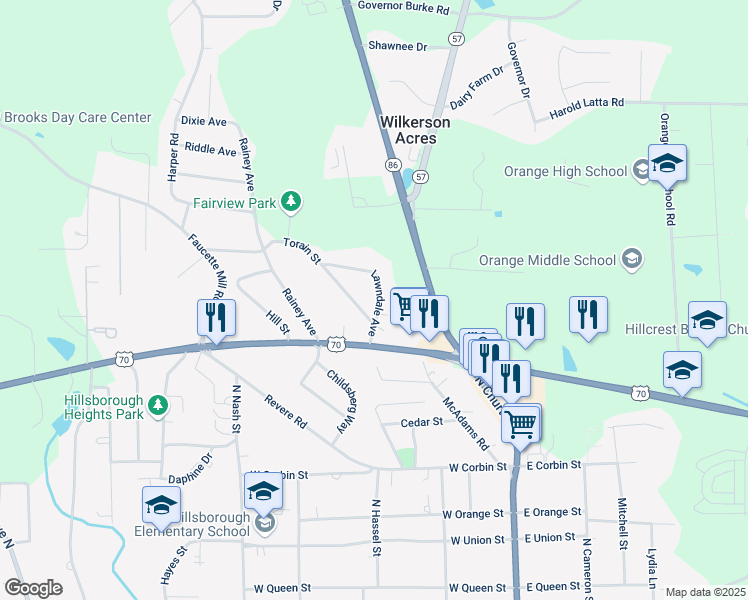 map of restaurants, bars, coffee shops, grocery stores, and more near 130 Lawndale Avenue in Hillsborough