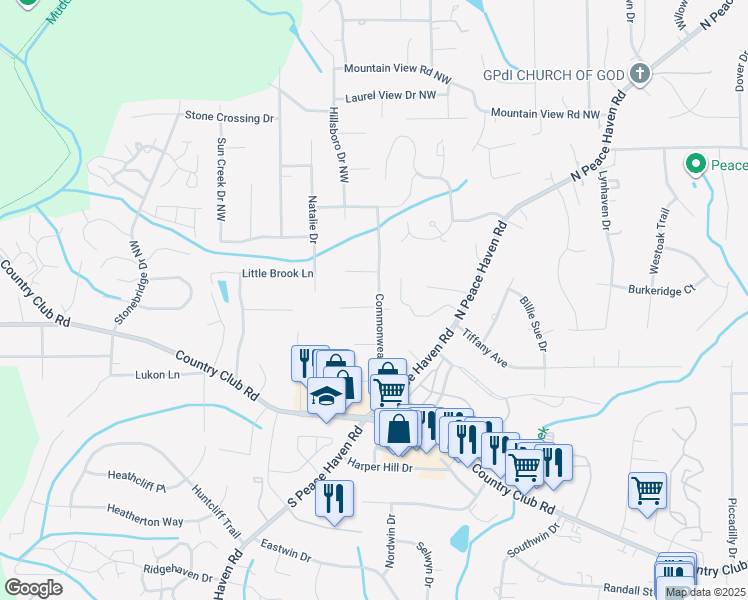 map of restaurants, bars, coffee shops, grocery stores, and more near 5001 Rushland Drive in Winston-Salem