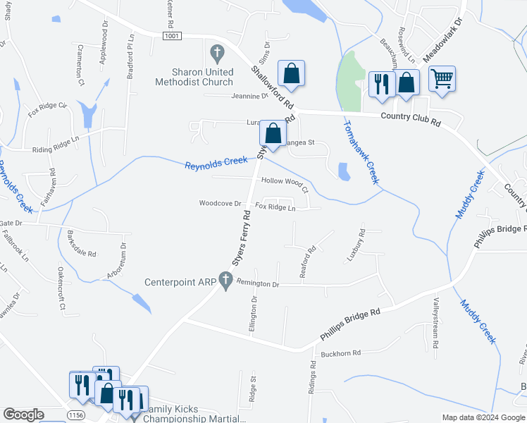 map of restaurants, bars, coffee shops, grocery stores, and more near 5964 Fox Ridge Lane in Winston-Salem