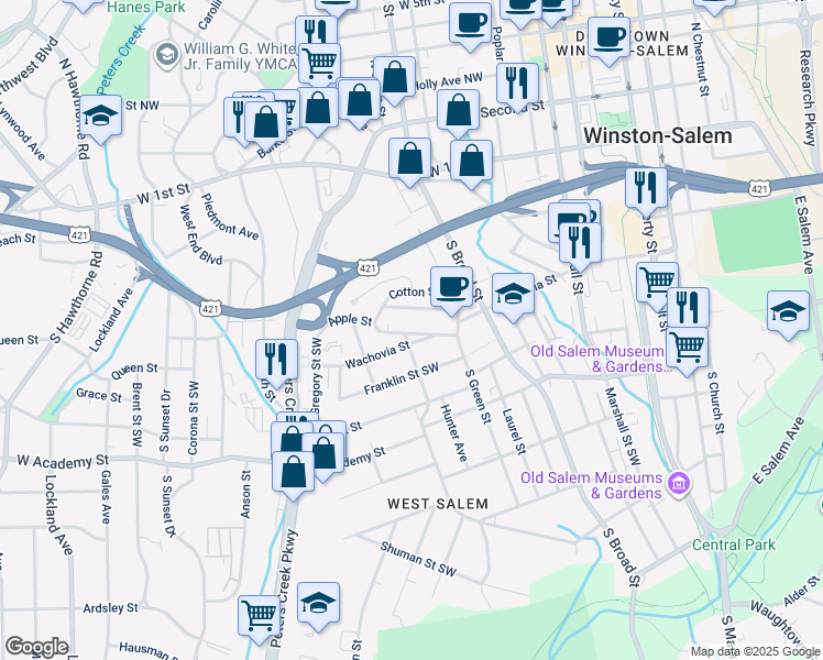 map of restaurants, bars, coffee shops, grocery stores, and more near 939 Apple Street Southwest in Winston-Salem
