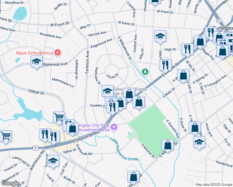 map of restaurants, bars, coffee shops, grocery stores, and more near 1227 Franklin Street in Burlington