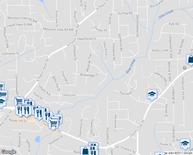 map of restaurants, bars, coffee shops, grocery stores, and more near 420 Burkeridge Court in Winston-Salem