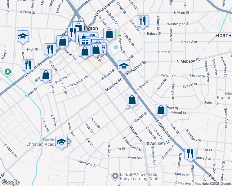 map of restaurants, bars, coffee shops, grocery stores, and more near 603 East Davis Street in Burlington