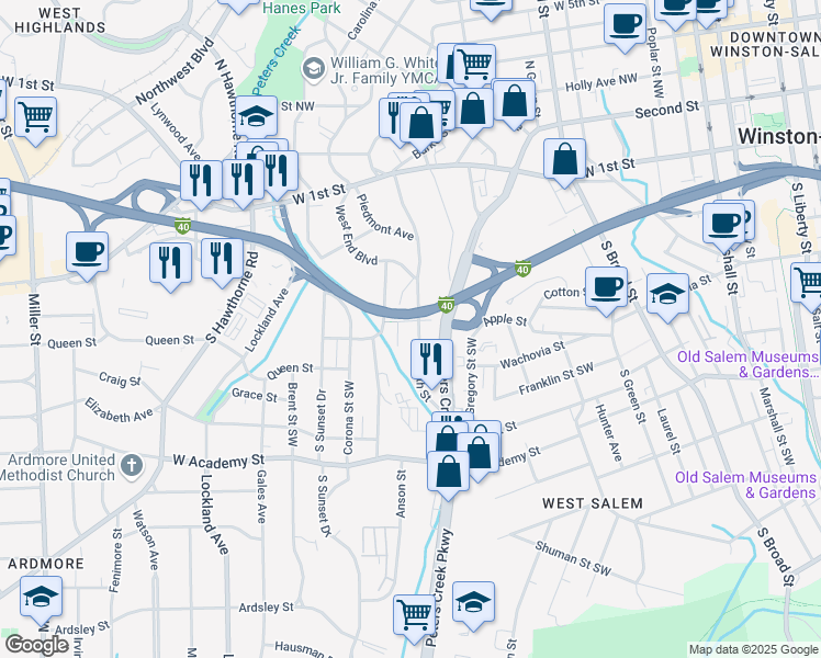 map of restaurants, bars, coffee shops, grocery stores, and more near 1412 West 4th Street in Winston-Salem