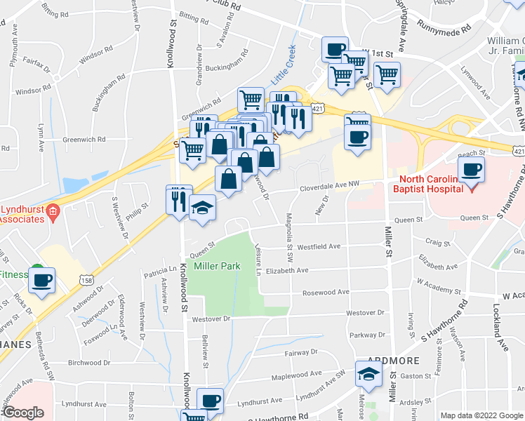 map of restaurants, bars, coffee shops, grocery stores, and more near 236 Oakwood Court in Winston-Salem