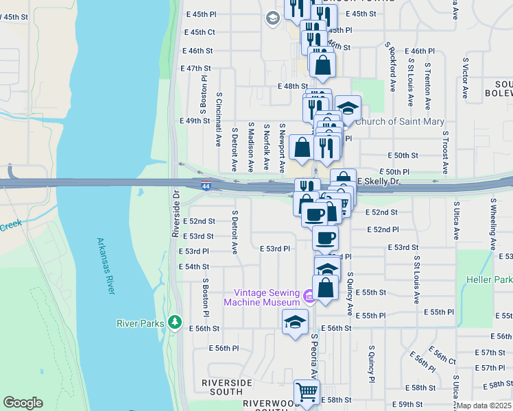 map of restaurants, bars, coffee shops, grocery stores, and more near 5101 South Madison Avenue in Tulsa
