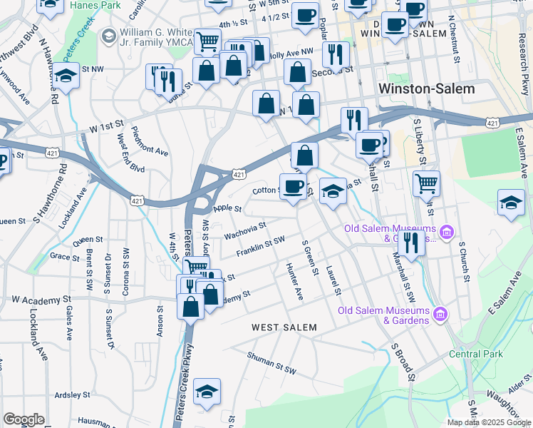 map of restaurants, bars, coffee shops, grocery stores, and more near 941 Apple Street Southwest in Winston-Salem