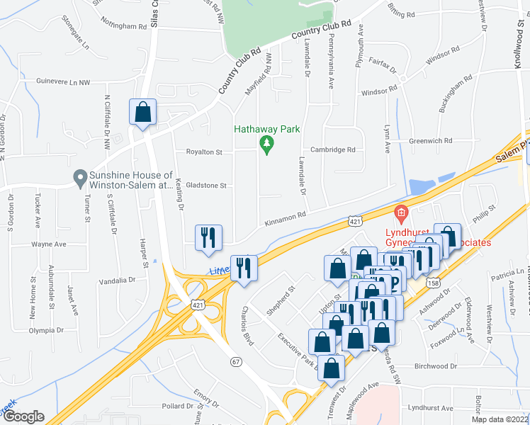 map of restaurants, bars, coffee shops, grocery stores, and more near 425 Anita Drive in Winston-Salem