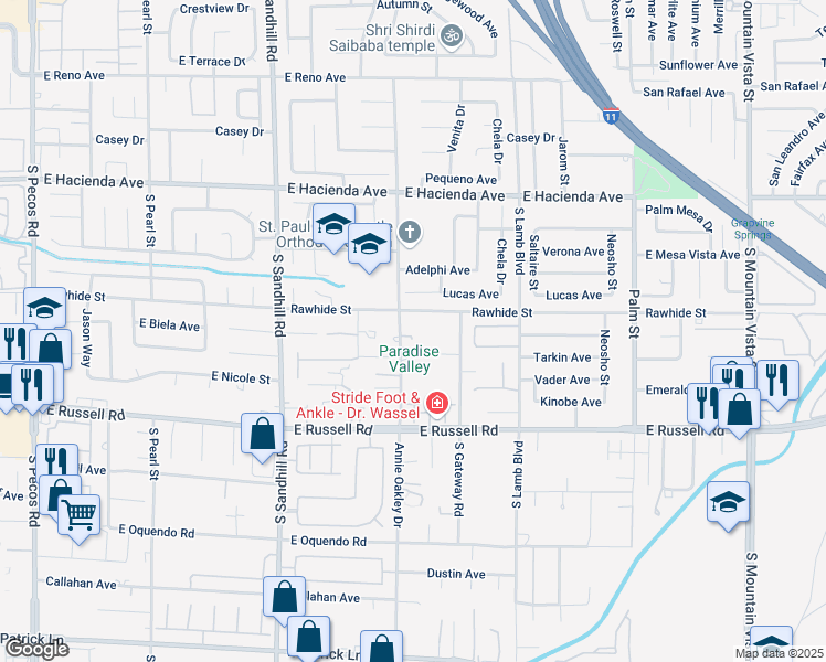 map of restaurants, bars, coffee shops, grocery stores, and more near 5534 Annie Oakley Drive in Las Vegas