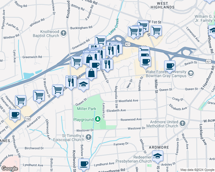 map of restaurants, bars, coffee shops, grocery stores, and more near 245 Oakwood Court in Winston-Salem