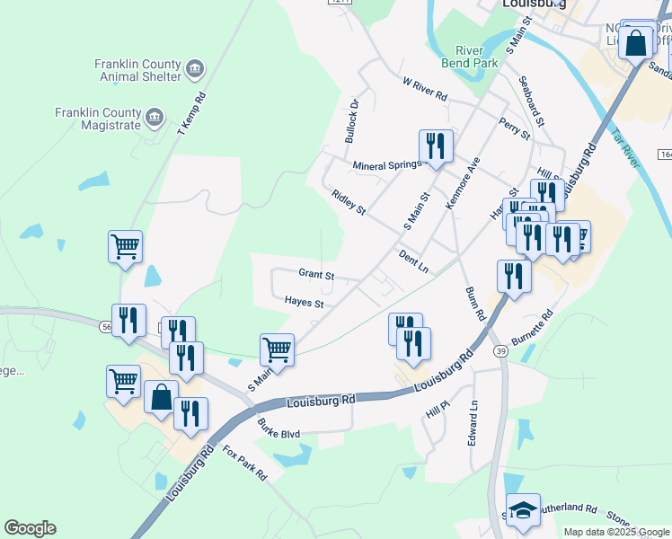 map of restaurants, bars, coffee shops, grocery stores, and more near 108 Grant Street in Louisburg