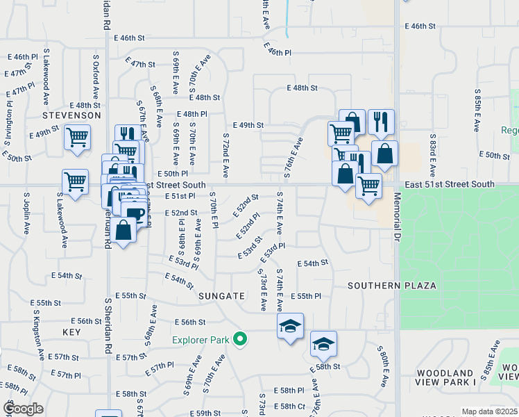 map of restaurants, bars, coffee shops, grocery stores, and more near 7075 East 52nd Place in Tulsa