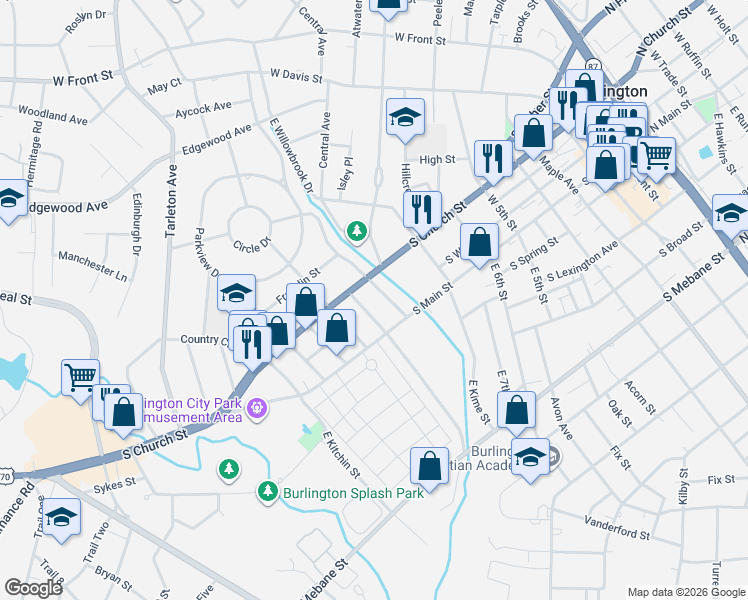 map of restaurants, bars, coffee shops, grocery stores, and more near 119 East Summit Avenue in Burlington