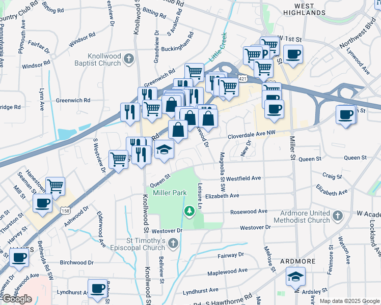 map of restaurants, bars, coffee shops, grocery stores, and more near 2515 Miller Park Circle in Winston-Salem