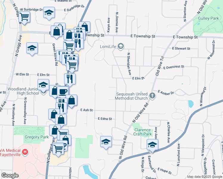 map of restaurants, bars, coffee shops, grocery stores, and more near 721 Winbaugh Lane in Fayetteville