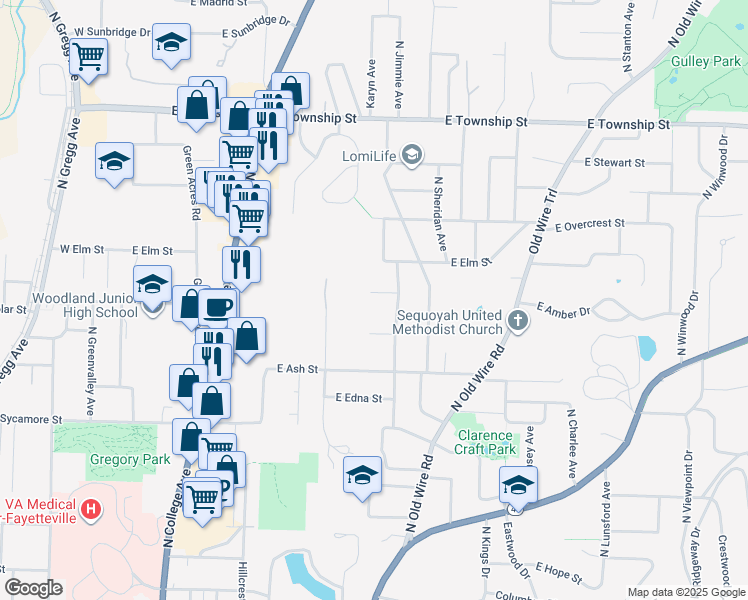 map of restaurants, bars, coffee shops, grocery stores, and more near 689 Winbaugh Lane in Fayetteville
