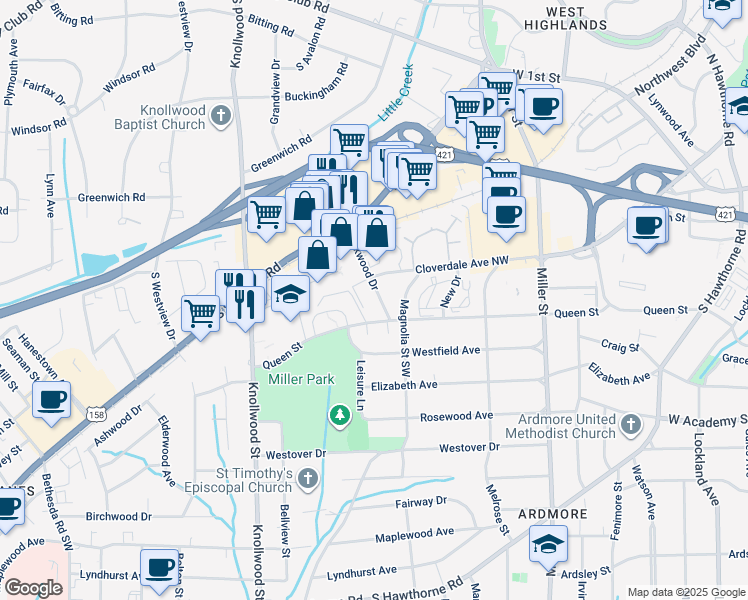 map of restaurants, bars, coffee shops, grocery stores, and more near 247 Oakwood Court in Winston-Salem