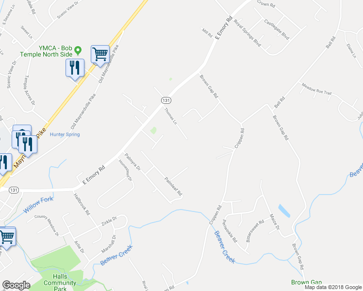 map of restaurants, bars, coffee shops, grocery stores, and more near 7409 Thomas Lane in Knoxville