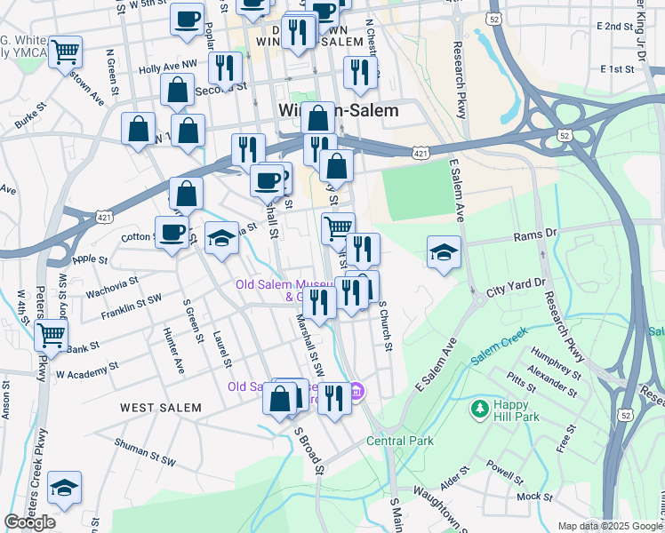 map of restaurants, bars, coffee shops, grocery stores, and more near Old Salem Road in Winston-Salem